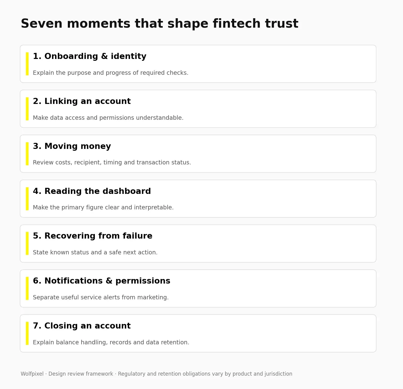 Seven fintech trust moments from identity checks and account linking through failure recovery and closure