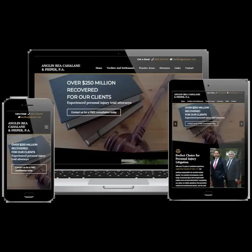 NJ Injury Help website presentation across desktop, tablet and mobile layouts.