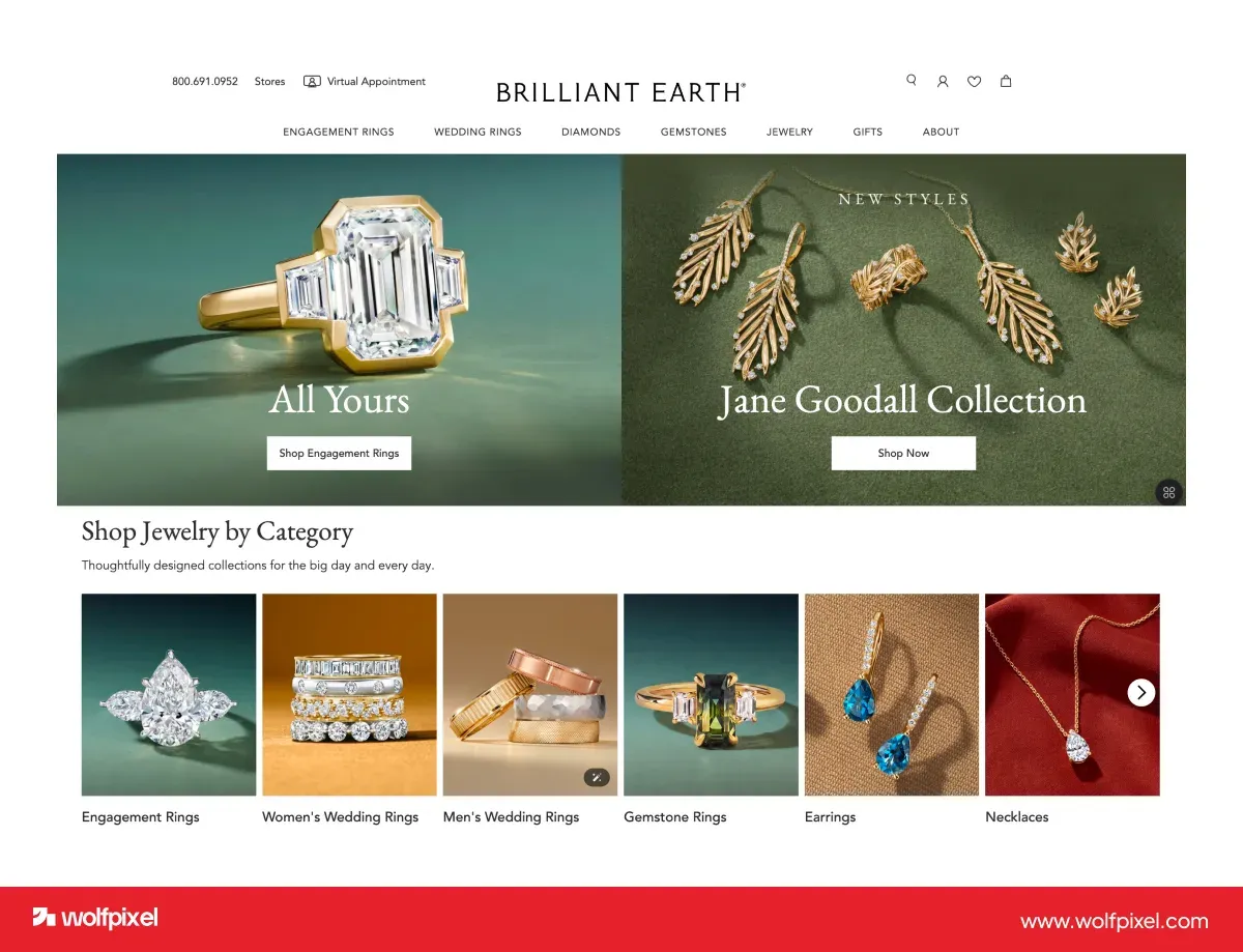 Brilliant Earth virtual try on ring builder website feature.