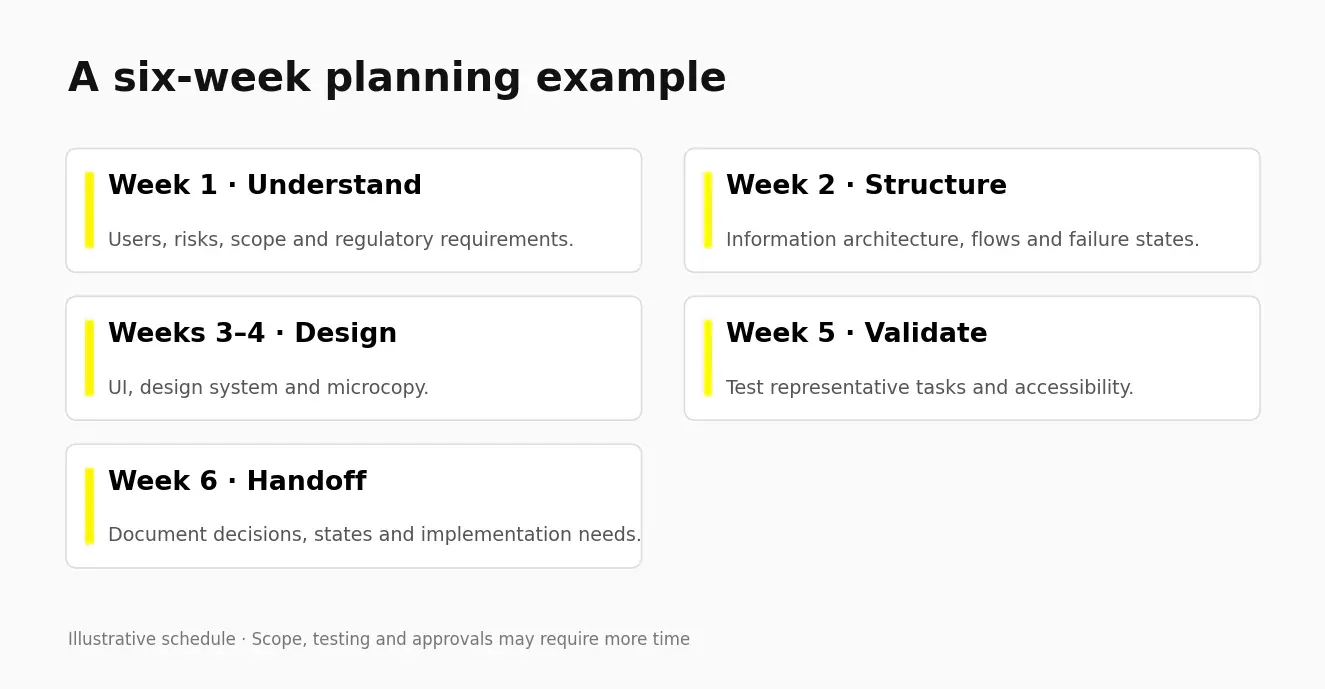 Illustrative six-week fintech design plan covering research, structure, design, validation and handoff