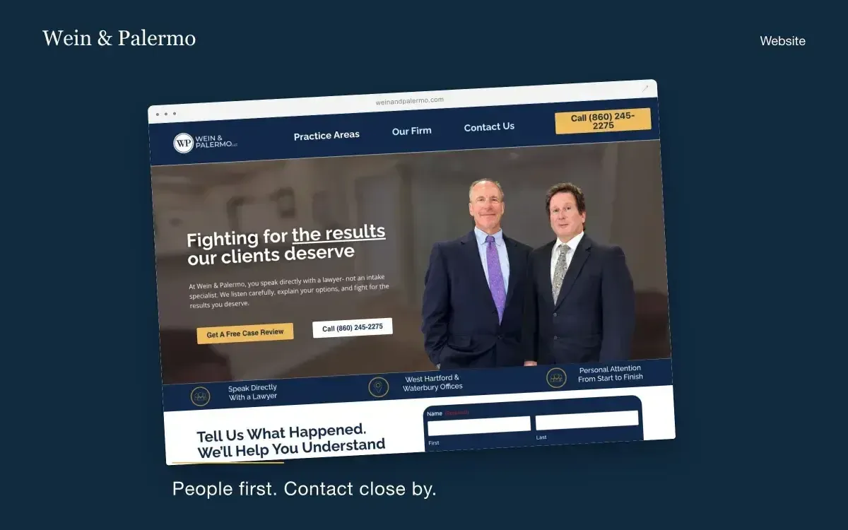 Wein & Palermo website presentation with navy and gold accents, partner photography and a case-review button.
