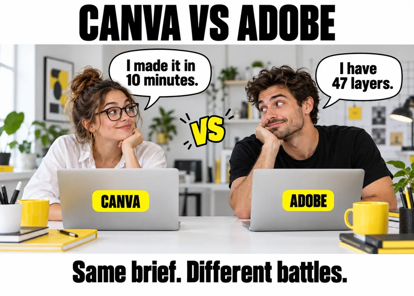 Canva versus Adobe meme graphic design with two designers comparing 10 minutes against 47 layers