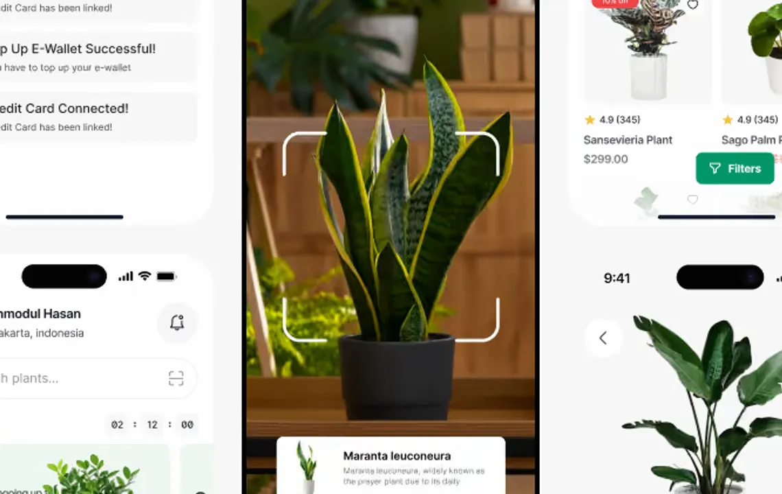 Plant care app screens on a phone