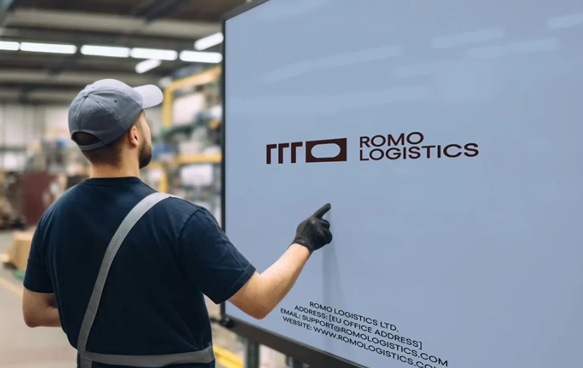 Romo Logistics brand on a warehouse screen