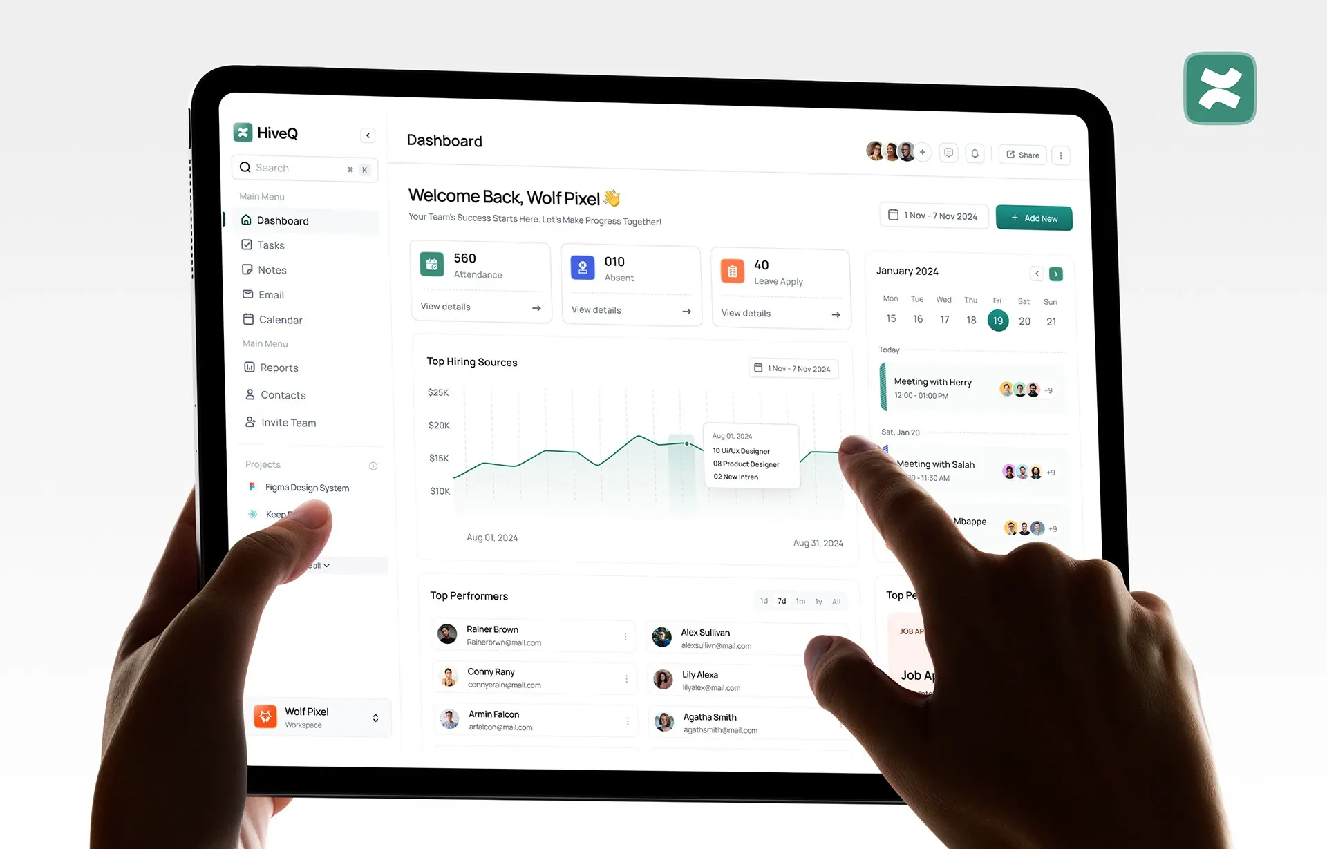 HR SaaS dashboard on a tablet