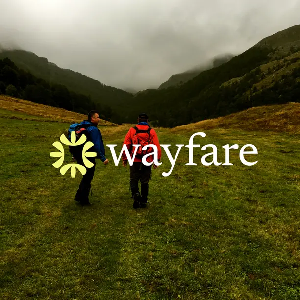 Wayfare brand identity on a hiking photo