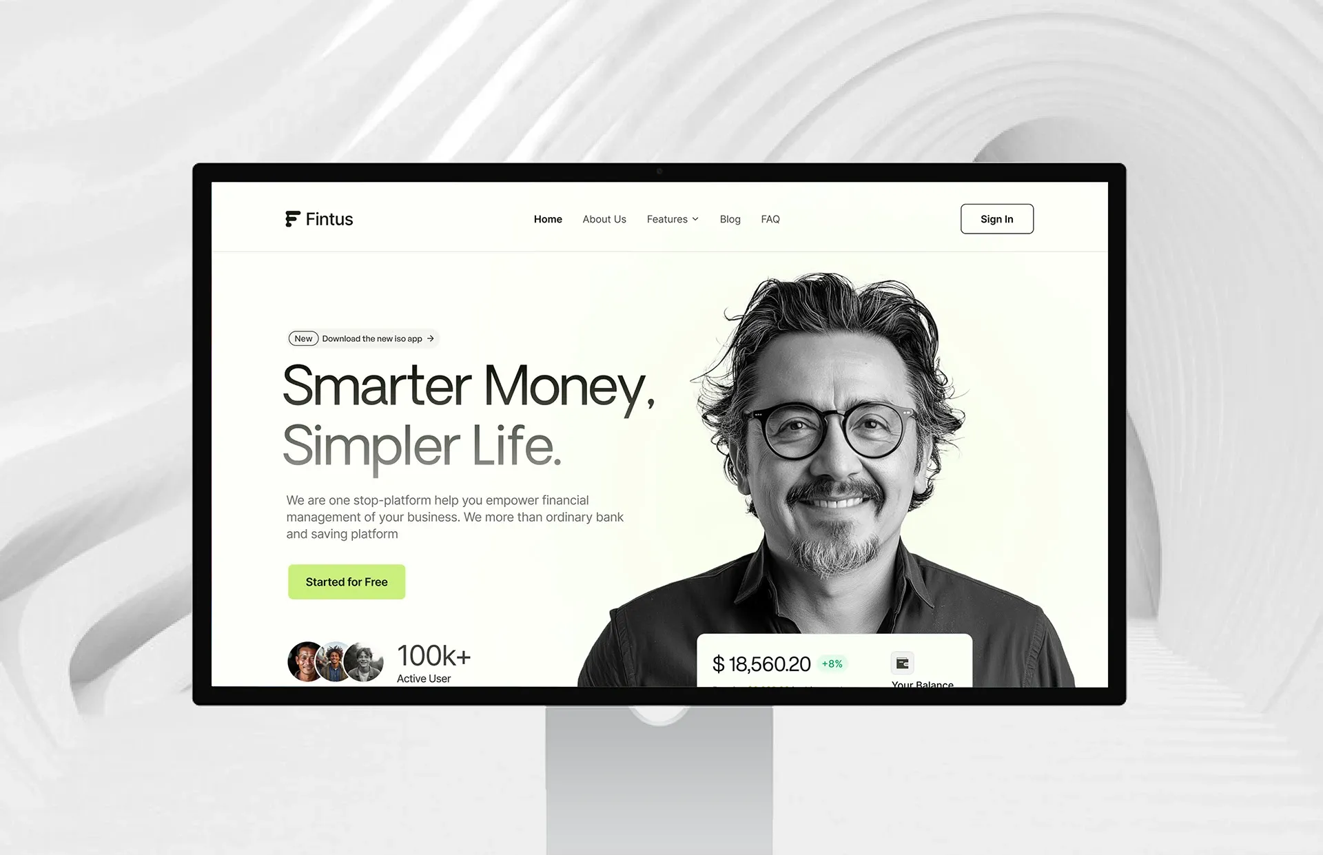 Fintus fintech website design on a desktop monitor