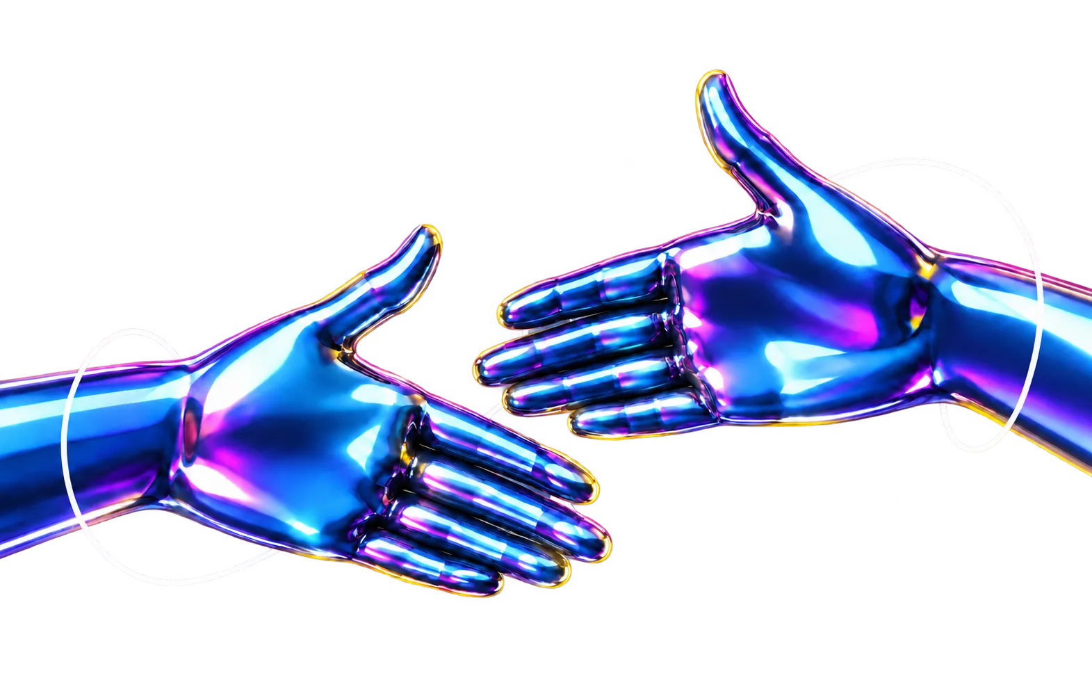 Two chrome hands reaching toward each other